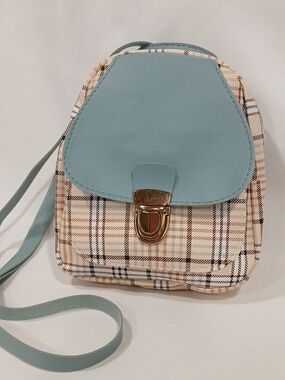 Faux Leather Womens Mini Backpack Crossbody/ Shoulder Bag Kawaii Blue Plaid Zip
